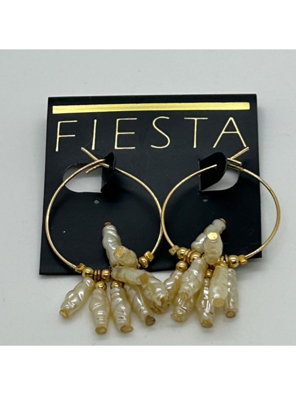 Vintage Gold Hoop Earrings With White Acrylic Stick Pearl Clusters - Picture 11 of 13